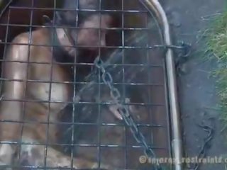 Caged honing gedwongen naar geven pijpen